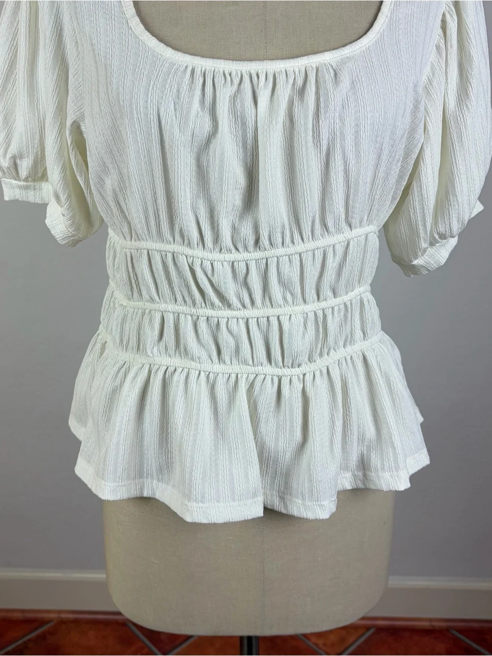 Anthropologie Maeve Ruched Puff-Sleeved Blouse in White